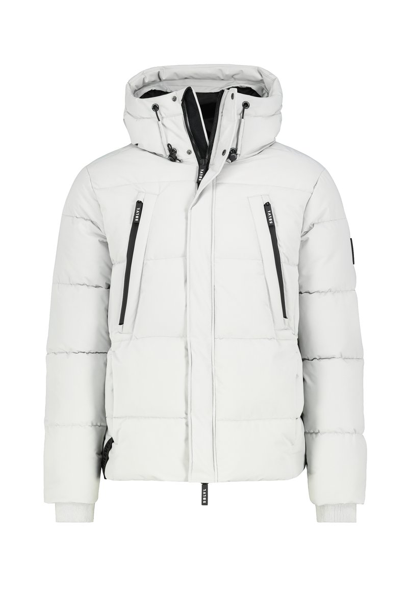 Gepolsterte weiße Jacke mit Kapuze, ausgestattet mit schwarzen Reißverschlusstaschen, elastischen Bündchen und einem Reißverschluss vorne. Glatte Außenoberfläche.