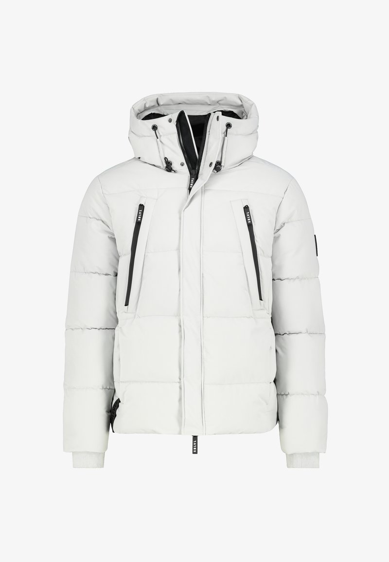 Gepolsterte weiße Jacke mit Kapuze, ausgestattet mit schwarzen Reißverschlusstaschen, elastischen Bündchen und einem Reißverschluss vorne. Glatte Außenoberfläche.