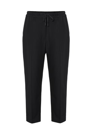 Schwarze, schmal zulaufende Hosen aus glattem Stoff, mit einem elastischen Bund und Kordelzug, seitlichen Taschen und einer lässigen Passform.