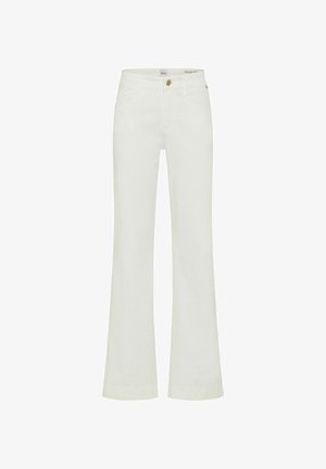 Pantalon blanc droit avec passants de ceinture, poches avant et fermeture par un seul bouton à la taille.