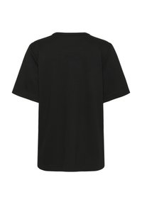 Sort bomulds t-shirt, korte ærmer, rund halsudskæring, afslappet pasform, glat tekstur, ingen synlige logoer eller mønstre, ensfarvet design.