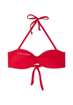 Top bikini a fascia rosso con laccetti al collo e sul davanti, centro arricciato e scritta ""TERRANOVA"" sul lato sinistro. Nessun dettaglio di sfondo.
