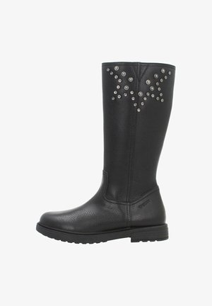 Botte haute jusqu'au genou en cuir noir avec des accents métalliques en forme d'étoile, surface texturée et semelle en caoutchouc.