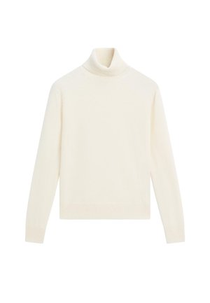 Cremefarvet rullekrave sweater, blød strikket tekstur, slim-fit design, lange ærmer og ribbet krave og kant.