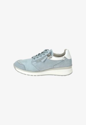 Light blue suede sneaker with white accents, a silver metallic back, lace-up front, and side zipper. Thick white rubber sole.