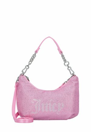 Borsa a rete rosa con tracolla in catena argentata, caratterizzata da una forma arrotondata e la scritta "Juicy" in argento. Accenti in pelle liscia.