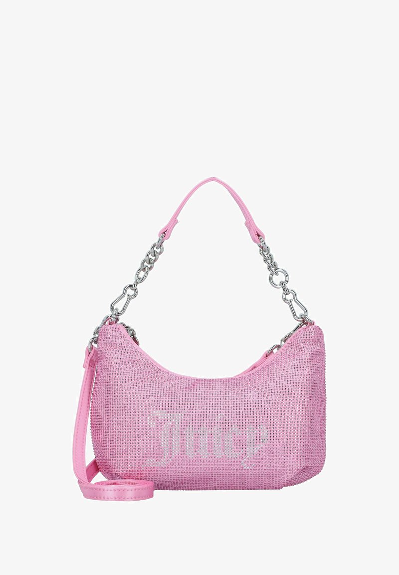 Borsa a rete rosa con tracolla in catena argentata, caratterizzata da una forma arrotondata e la scritta "Juicy" in argento. Accenti in pelle liscia.