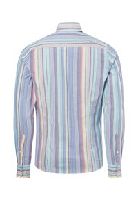 Langarmhemd mit pastellfarbenen Streifen in Blau, Pink und Gelb, aus weichem Stoff, mit knöpfbaren Manschetten und einem klassischen Kragen.