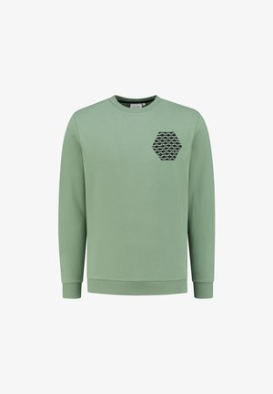 Hanorac de culoare verde deschis, fabricat din bumbac. Prezintă un design hexagonal negru pe piept. Mânici lungi și manșete și tiv cu elastic.