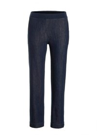 Pantalons en jean bleu foncé avec une ceinture élastique, des jambes fuselées et une texture lisse. Présente des lignes simples et épurées sans quincaillerie visible.