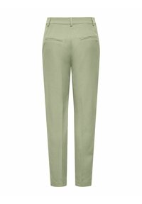 Jasnozielone dopasowane spodnie o gładkiej teksturze, zwężane nogawki, gładki przód i dwie tylne kieszenie w minimalistycznym designie.