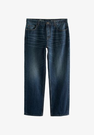 Dunkelblaue Jeans mit lockerer Passform, geraden Beinen, Fünf-Taschen-Design und subtilen Verblassungen vorne und hinten.