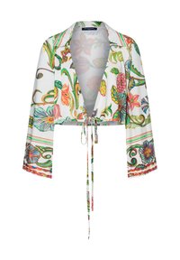 Cropped, white blouse with long sleeves, featuring a vibrant floral print and multicolored accents. Ties at the front for adjustable fit.
