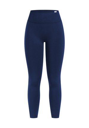 Leggings azul marino con cintura alta, fabricados en una tela suave y elástica. Sin patrones visibles ni detalles de hardware. Diseño ajustado.