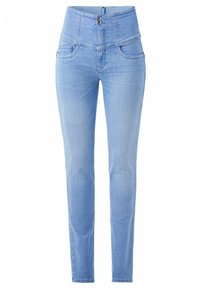 Jean en denim bleu clair avec taille haute, deux poches avant et une coupe ajustée. Texture lisse avec légère décoloration pour un look décontracté.