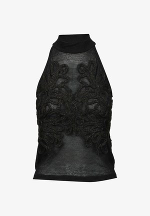 Top nero senza maniche con collo alto, caratterizzato da un ricamo floreale testurizzato in filo metallico su tessuto trasparente.