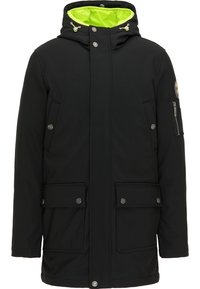 Černá zateplená bunda s kapucí, s jasně zelenou podšívkou, patentkami a několika kapsami, včetně kapsy na zip na rukávu.