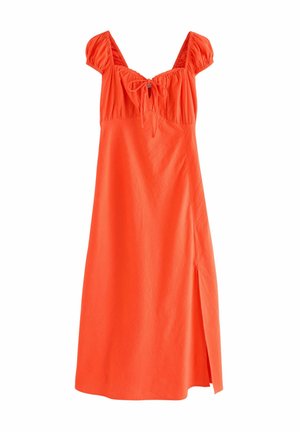 Rochie portocalie cu mâneci bufante, decolteu plisat și detaliu cu funda. Are o deschidere laterală și o textură a materialului neted.