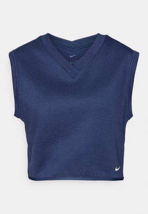 Tumedat sinine ilma varrukateta sportlik lühike topp V-kaelusega, mille paremas alanurgas on väike valge Nike'i swoosh logo.
