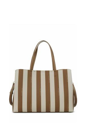 Rectangular tote bag with vertical beige and brown stripes, dual handles, and an adjustable shoulder strap.