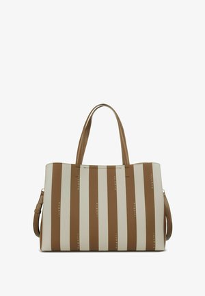 Rectangular tote bag with vertical beige and brown stripes, dual handles, and an adjustable shoulder strap.
