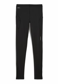 Fekete leggings rugalmas anyagból, amelyek karcsú fazonúak, oldalsó zsebekkel és bokazippzárral a könnyű felvétel érdekében. Márka logó a derékrészen.