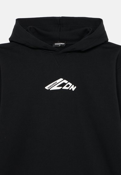 Sweat-shirt à capuche noire en tissu mélange de coton. Doté d'un logo blanc sur la poitrine. Texture douce, coupe régulière et poche kangourou.