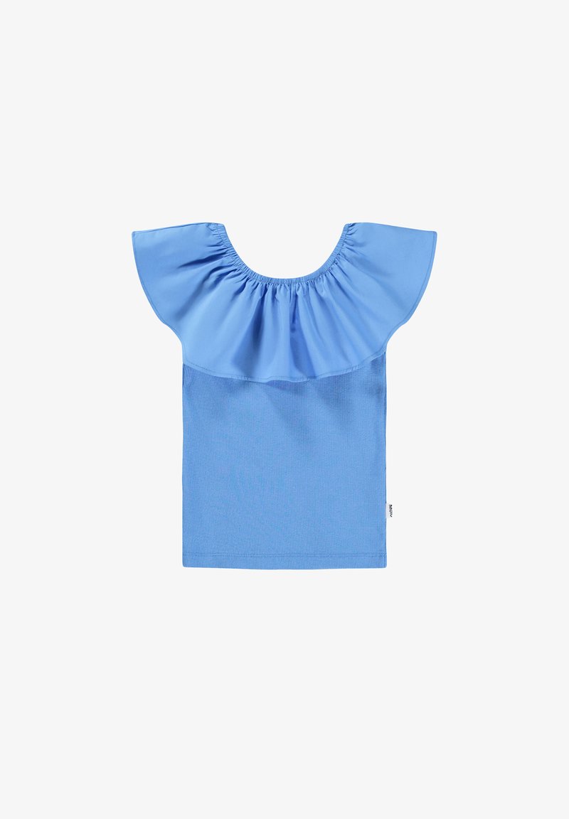 Μπλε μπλούζα κοντομάνικη με φούσκωμα στον λαιμό και απλή κορμά. Το ύφασμα είναι ελαφρύ με ελαφρώς υφασμάτινη υφή.