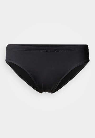 Parte de baixo de biquíni preta feita de tecido liso e elástico. Apresenta um design de cintura baixa e detalhes sutis de costura ao longo das bordas.