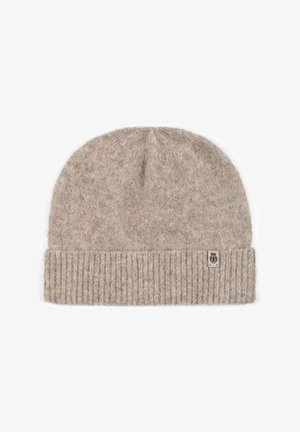 Strickmütze in hellbeige mit umgeschlagenem Rippenbund. Hergestellt aus einer weichen Wollmischung, verfügt über ein kleines Markenlabel an der Seite.