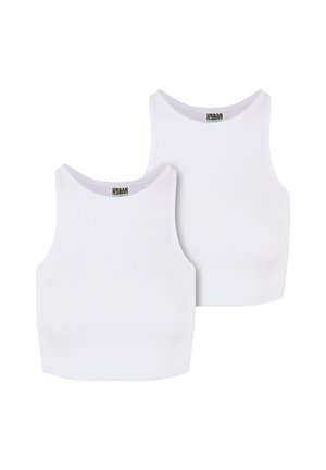 Du žvalios baltos medvilnės trumpinės bluzonai su briaunotu tekstūru, apvaliais iškirpimais ir be rankovių. Etiketės rašo "URBAN CLASSICS."