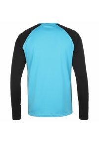 Langärmliges Shirt mit einem türkisfarbenen Körper und schwarzen Raglanärmeln, aus einem glatten, synthetischen Stoff gefertigt. Einfaches Design ohne Muster.