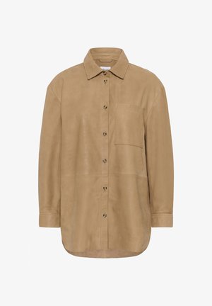 Tan leather button-up shirt with a collar, a single chest pocket, and long sleeves. Features a smooth texture and a relaxed fit.