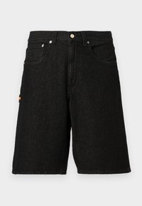 Black denim shorts featuring a classic five-pocket design, silver hardware, and a subtle orange accent on the side pocket.