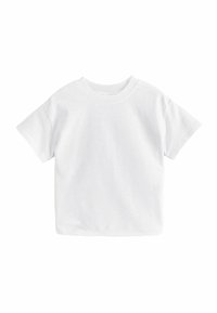 T-shirt bianco in cotone con maniche corte, colletto rotondo, design semplice, morbida texture e senza fantasie o grafiche.