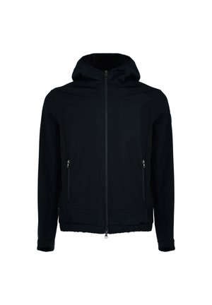 Giacca nera con cappuccio realizzata in materiale soft-shell. Presenta una zip frontale, due tasche laterali e una vita aderente. Design minimalista senza motivi.