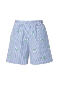Shorts rayés bleu et blanc avec broderie florale verte et blanche. Taille élastique, longueur mi-cuisse, en coton léger.
