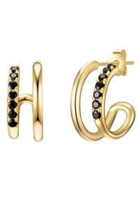 Guldörhängen med en vågig design, dekorerade med svarta kristaller på framsidan. Inkluderar en studback för säker användning.