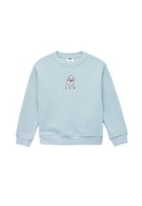 Ljusblå bomullssweatshirt med ribbade mudd och nederkant, med en svart broderad design av en hund på framsidan.