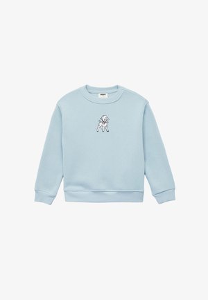 Jasnoniebieski bawełniany sweatshirt z ribbowymi mankietami i dołem, z czarnym haftowanym wzorem psa z przodu.