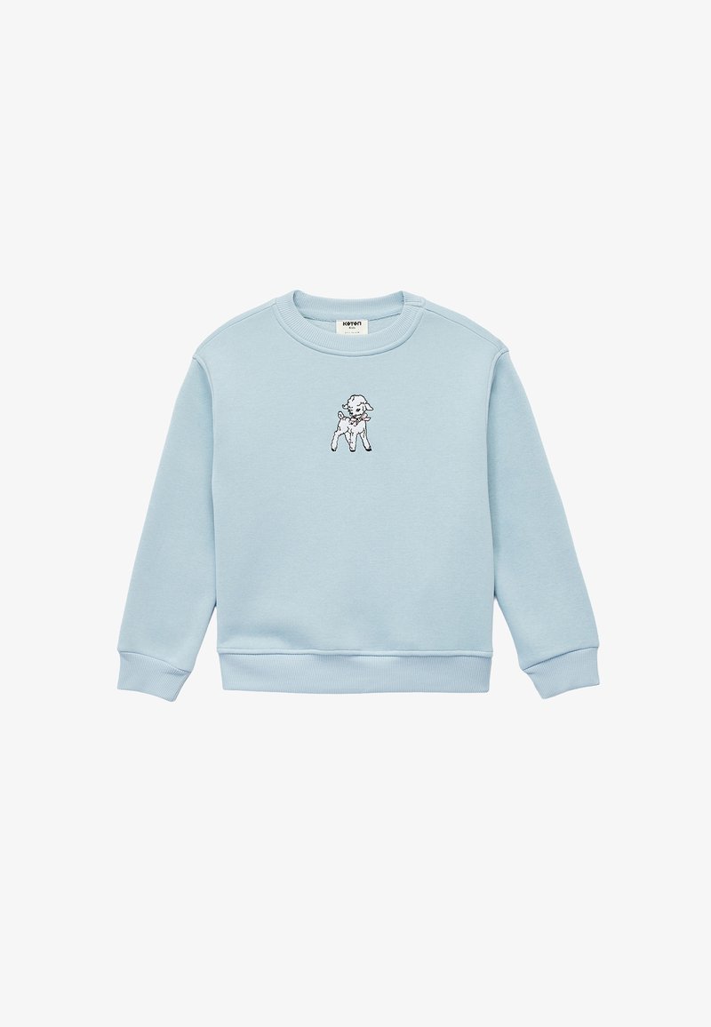 Felpa di cotone azzurro chiaro con polsini e orlo a coste, caratterizzata da un design ricamato di un cane in nero sulla parte anteriore.
