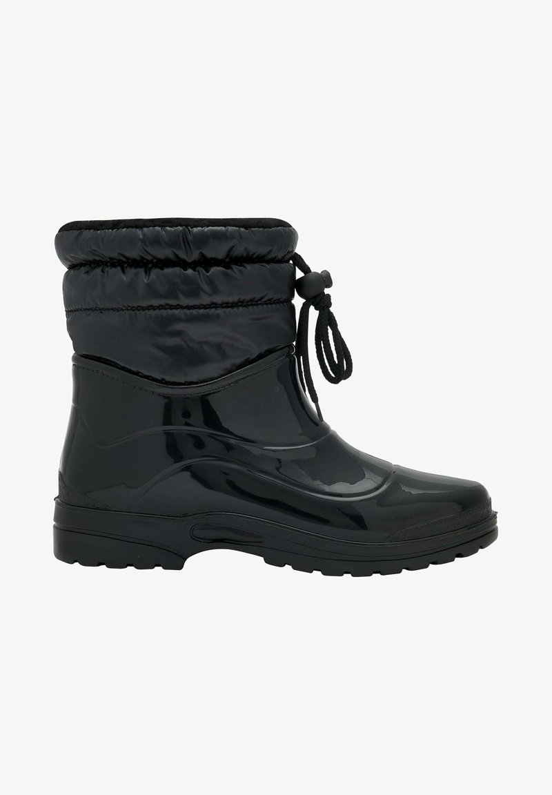 Zwarte waterdichte laars met een glossy afwerking, voorzien van een geborduurd, gevoerd schacht, elastische trekkoordsluiting en een gestructureerde rubberen zool.