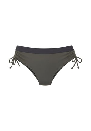 Slip bikini verde oliva con fascia in vita nera e lacci regolabili ai lati su sfondo bianco.