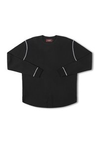 Schwarzer Langarmpullover aus strukturiertem Stoff, mit rundem Ausschnitt und weißen Akzentnähten entlang der Schulterähn und an den Bündchen.