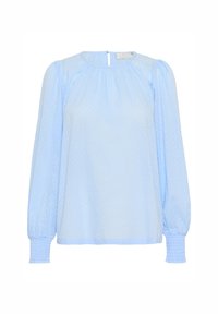 Blouse bleu clair avec de longues manches bouffantes, texturée avec de petits points. Dispose d'un col rond plissé et de poignets froncés. Fermeture en trou de serrure dans le dos.
