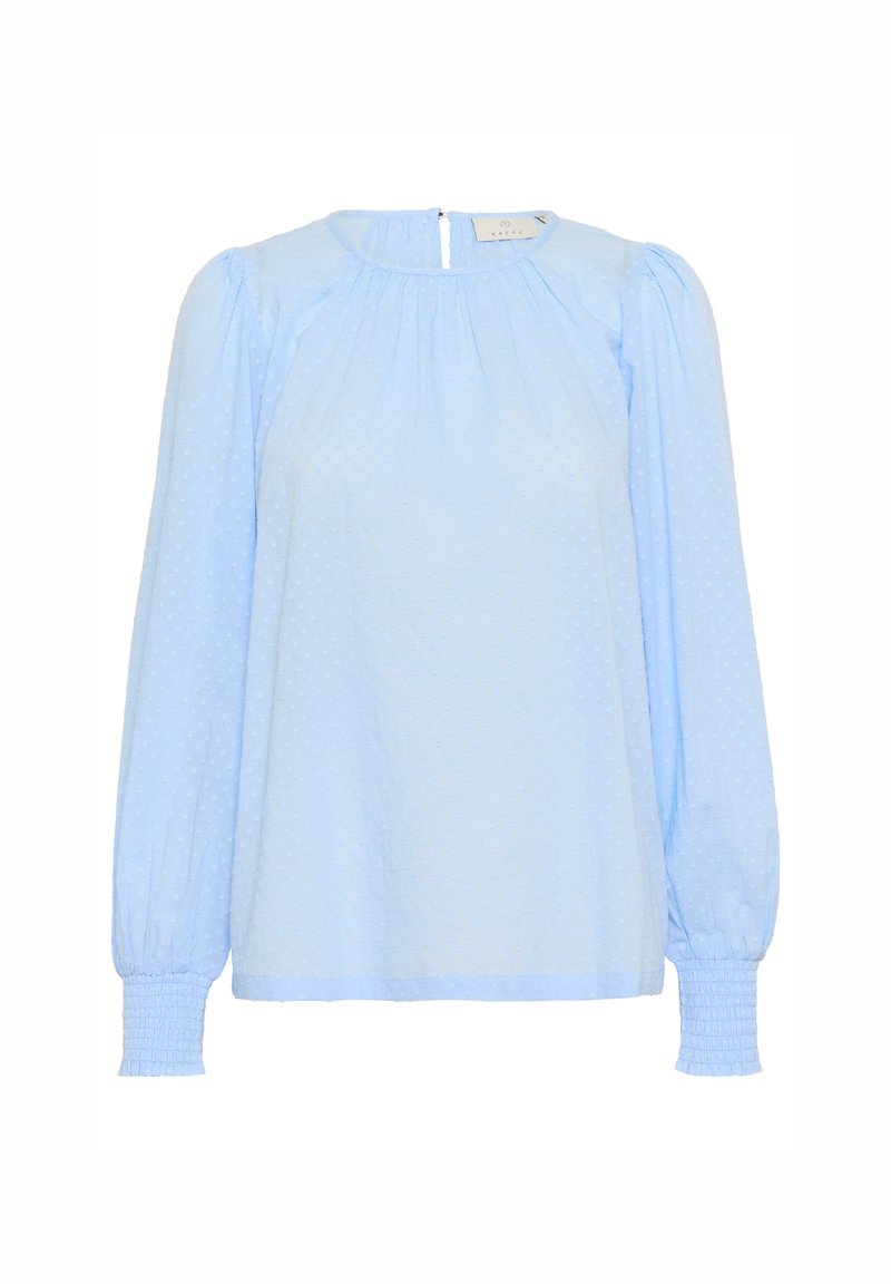 Helles blaues Blusenshirt mit langen Puffärmel, strukturiert mit kleinen Punkten. Hat einen eingewebten runden Halsausschnitt und geraffte Manschetten. Mit Schlüssellochverschluss hinten.