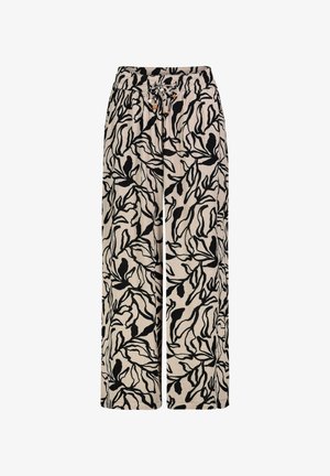 Lightweight, wide-leg pants in a beige fabric featuring a black leaf pattern. Elastic waistband with drawstring for adjustable fit.