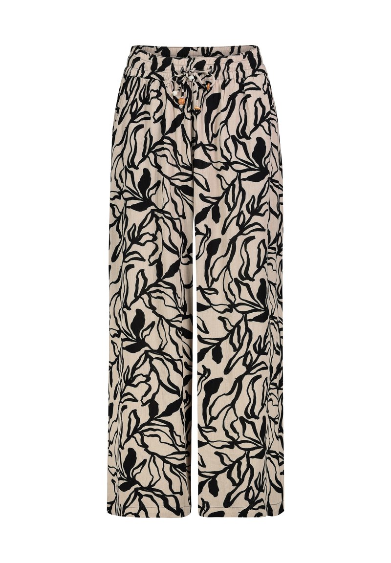 Lightweight, wide-leg pants in a beige fabric featuring a black leaf pattern. Elastic waistband with drawstring for adjustable fit.