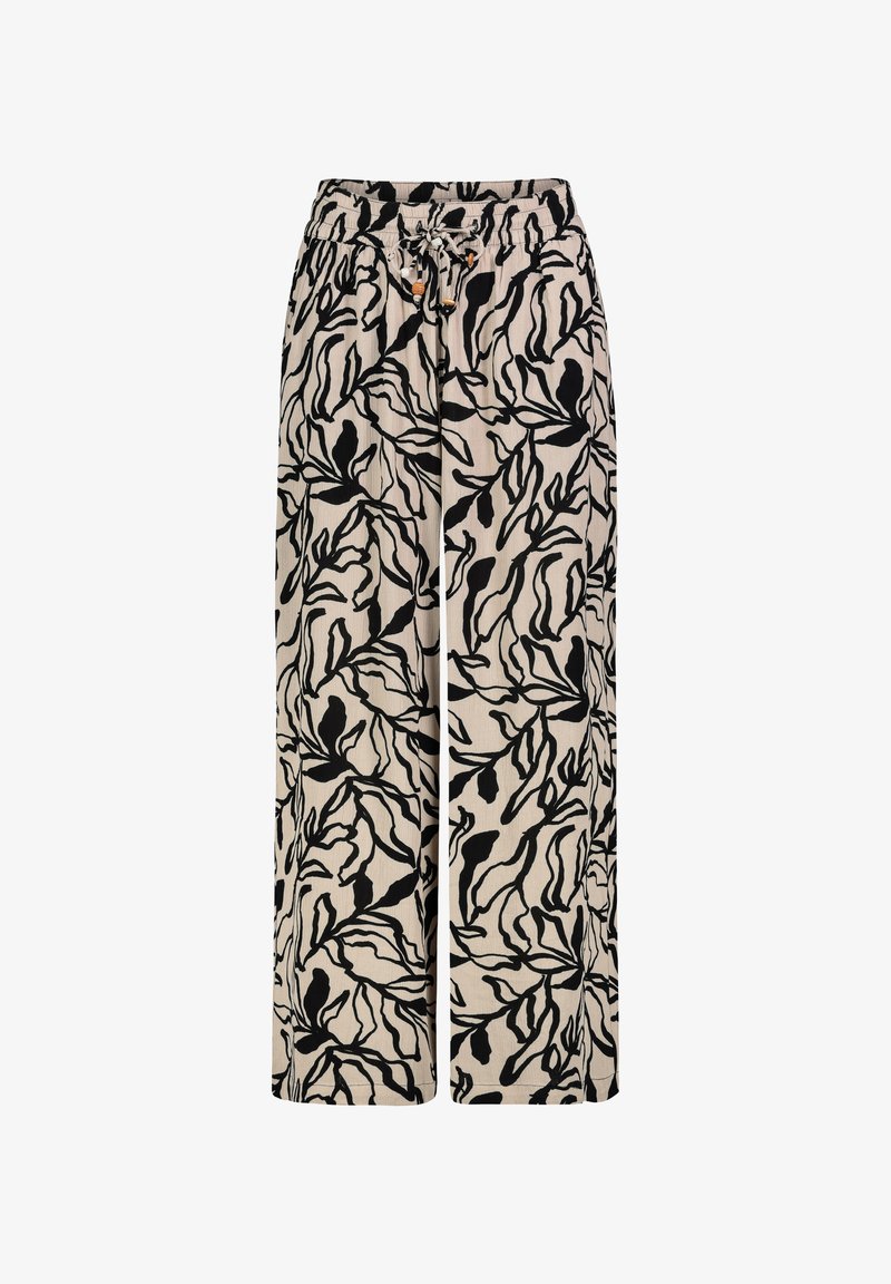 Lightweight, wide-leg pants in a beige fabric featuring a black leaf pattern. Elastic waistband with drawstring for adjustable fit.