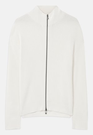 Sweater branco em malha canelada com fecho de correr frontal de cheio comprimento e gola alta, mangas longas e barra reta.